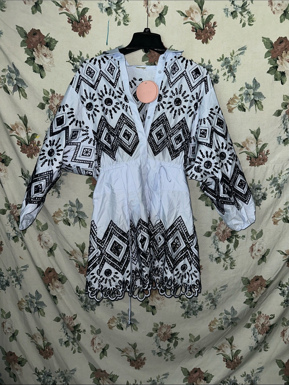 Alexis White Trench Coat with Black Geometric Embroidery